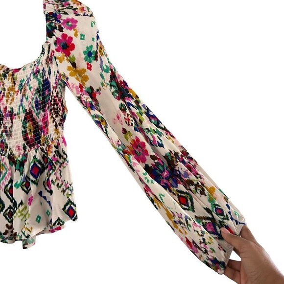 BTFL-Life Floral Colorful Tunic Top Balloon Sleeves Open Back Ties Blouse XS - Picture 6 of 13